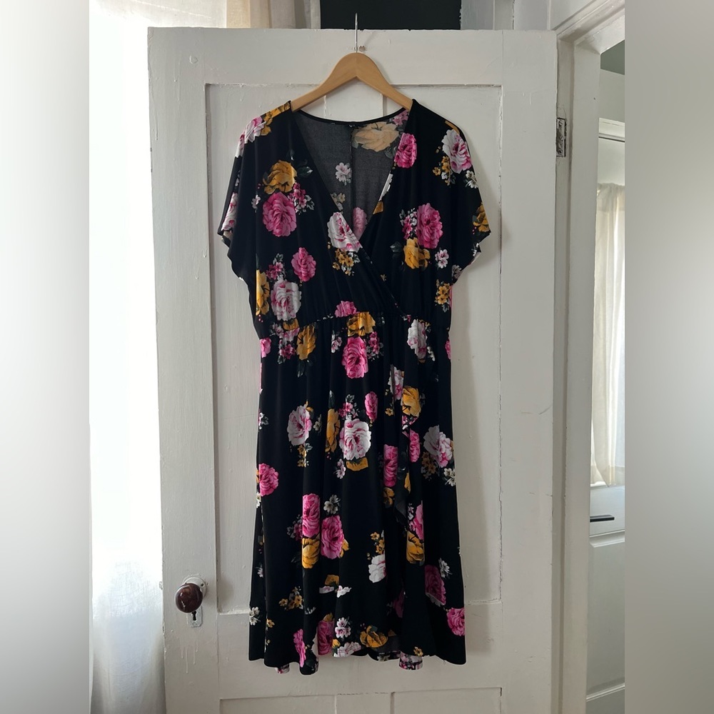 torrid Black Floral Wrap Dress with Pink & Yellow Roses